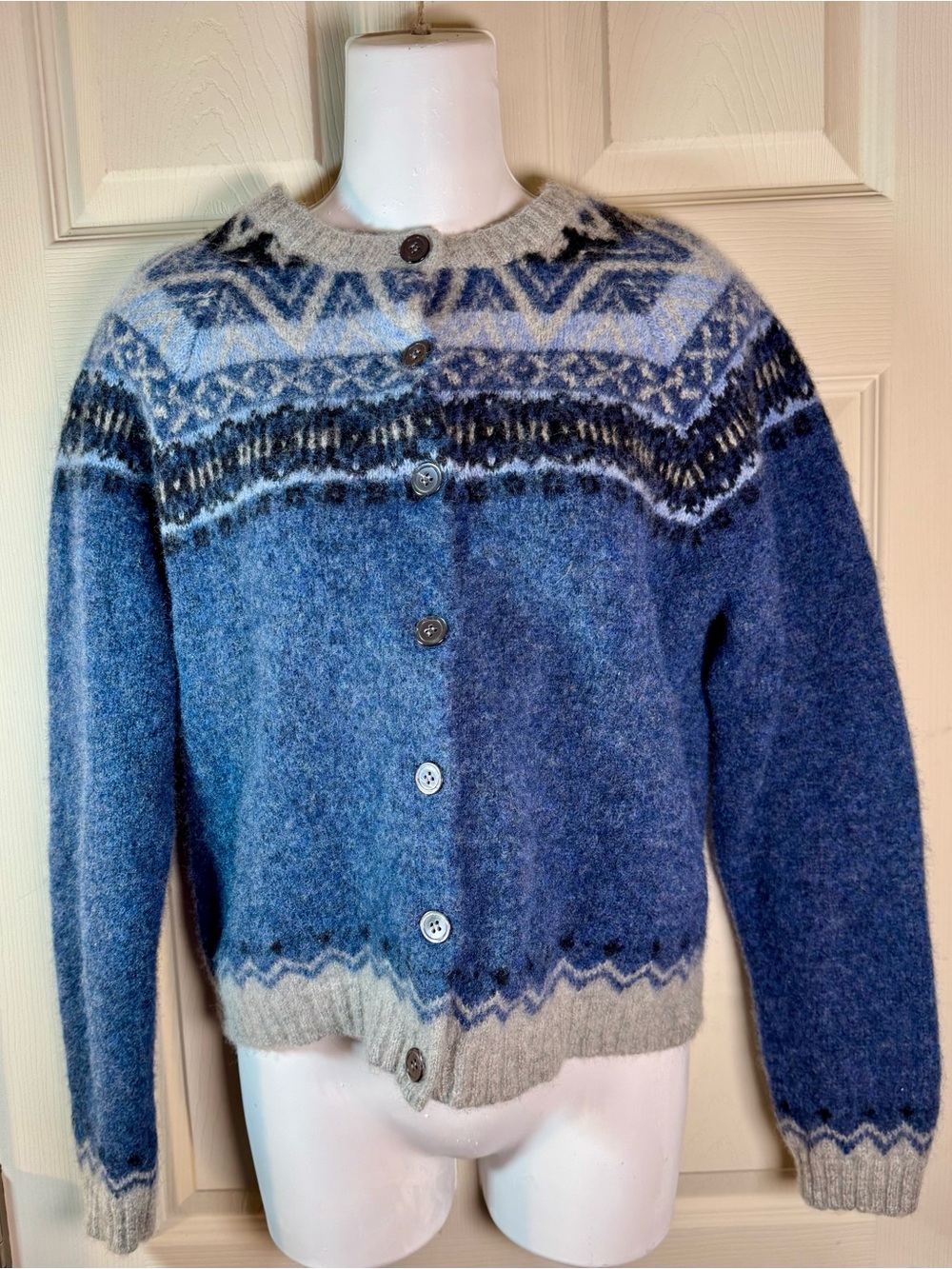 New York & Company Blue and Gray Nordic-Pattern Cardigan